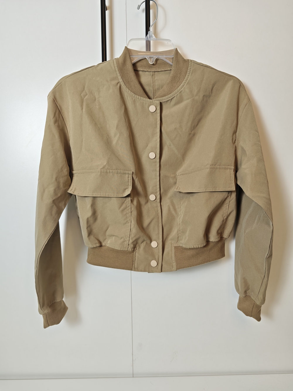 SHEIN Women Khaki Cropped Bomber Jacket Snap Front Utility Pockets XS